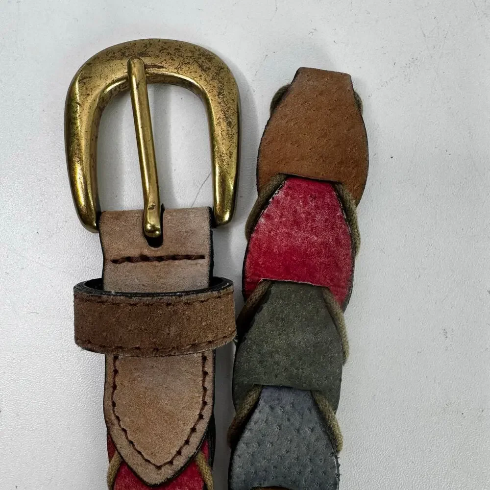 Vintage Pig split Leather Braided Multicolor Brass Buckle Womens Small